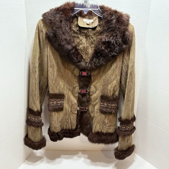 Cache Jackets & Blazers - VTG Cache Penny Lane Suede Faux Fur Trim Boho Afghan Toggle Jacket Women’s 6